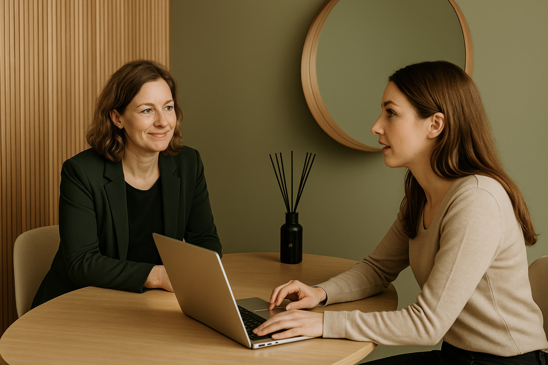 Werknemer in gesprek tijdens tweede spoor traject voor re-integratie buiten eigen organisatie.